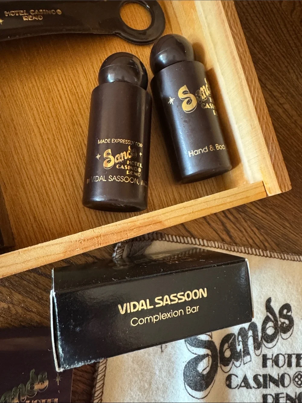 VTG Sands Hotel Casino Reno Branded Amenity Set in wooden box